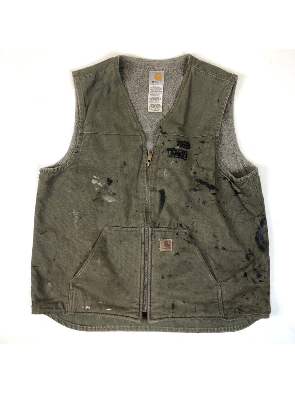 Carhartt Mens V26 LOV Green Canvas Full Zip Sherpa Lined Distressed Vest XL Tall